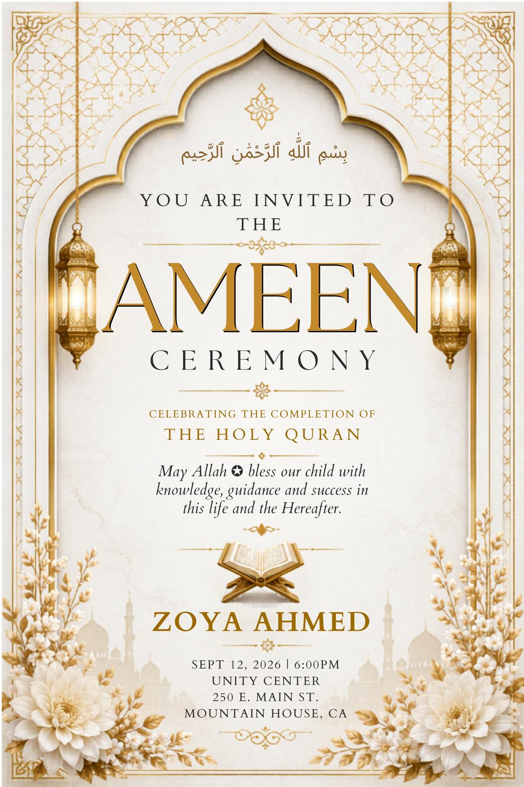 Ameen Ceremony Invitation for Zoya Ahmed